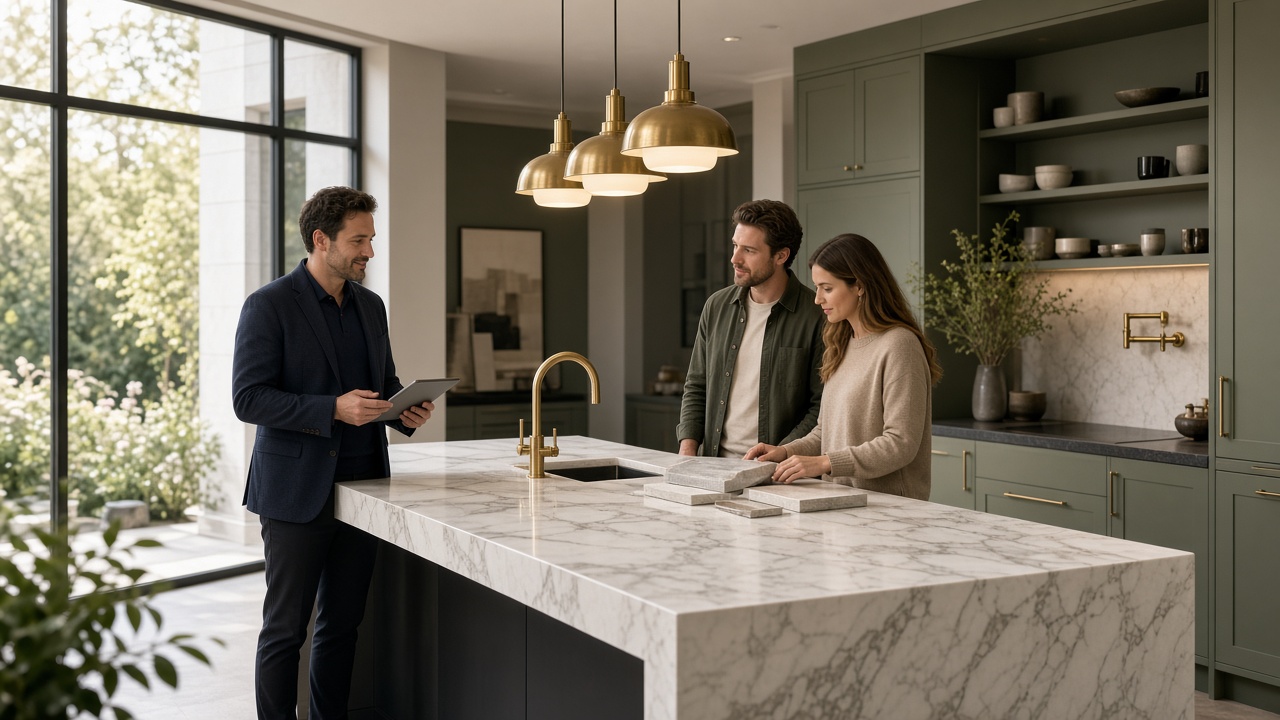 Kitchen Worktops Direct studio — marble island and sample consultation