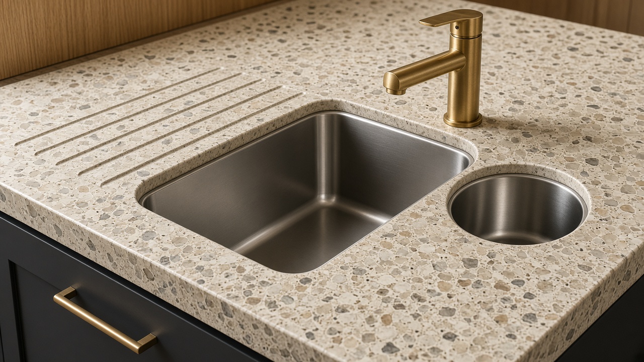 Popular 1.5 bowl clad kitchen sink with drainer grooves