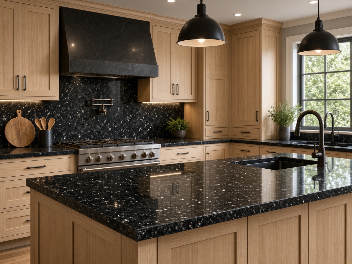 Dark granite kitchen worktop in a contemporary kitchen