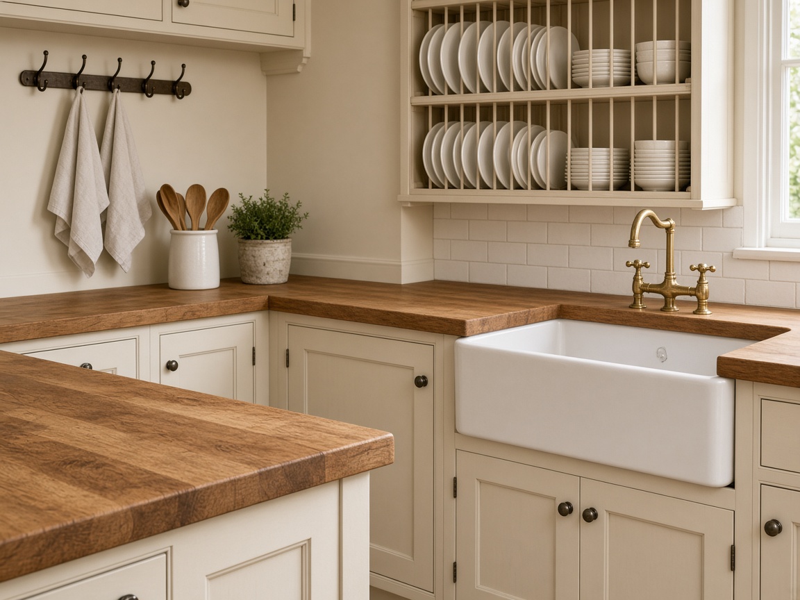 Wood-effect hardwood kitchen worktop in a traditional kitchen