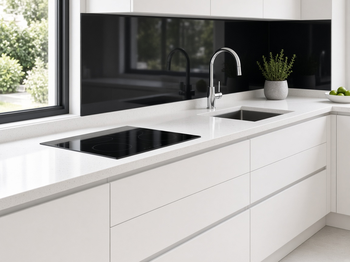White quartz kitchen worktop in a modern UK kitchen